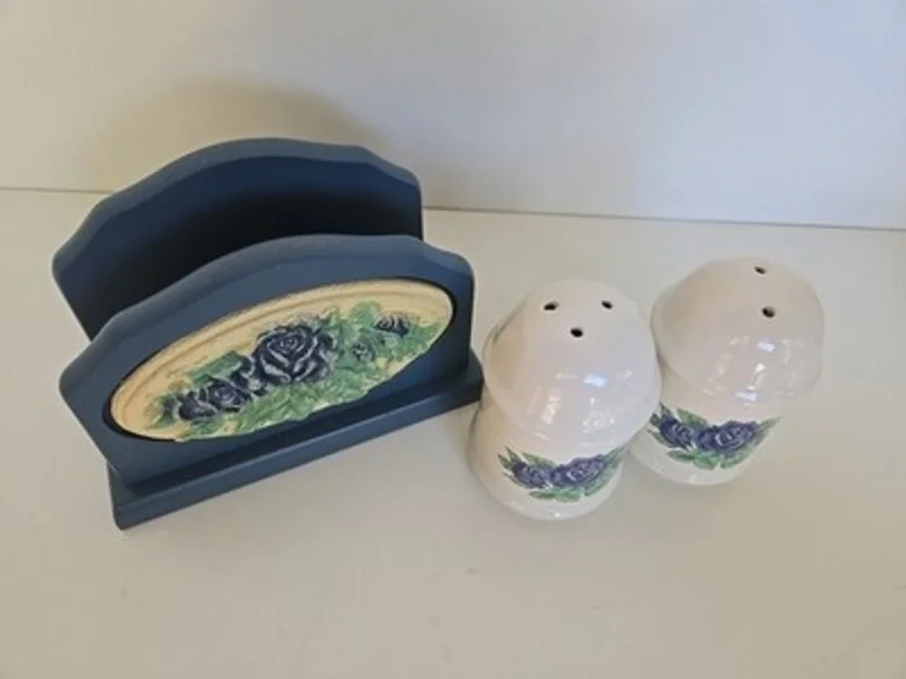Salt And Pepper Shaker Napkin Holder Set - Blue Rose - RARE